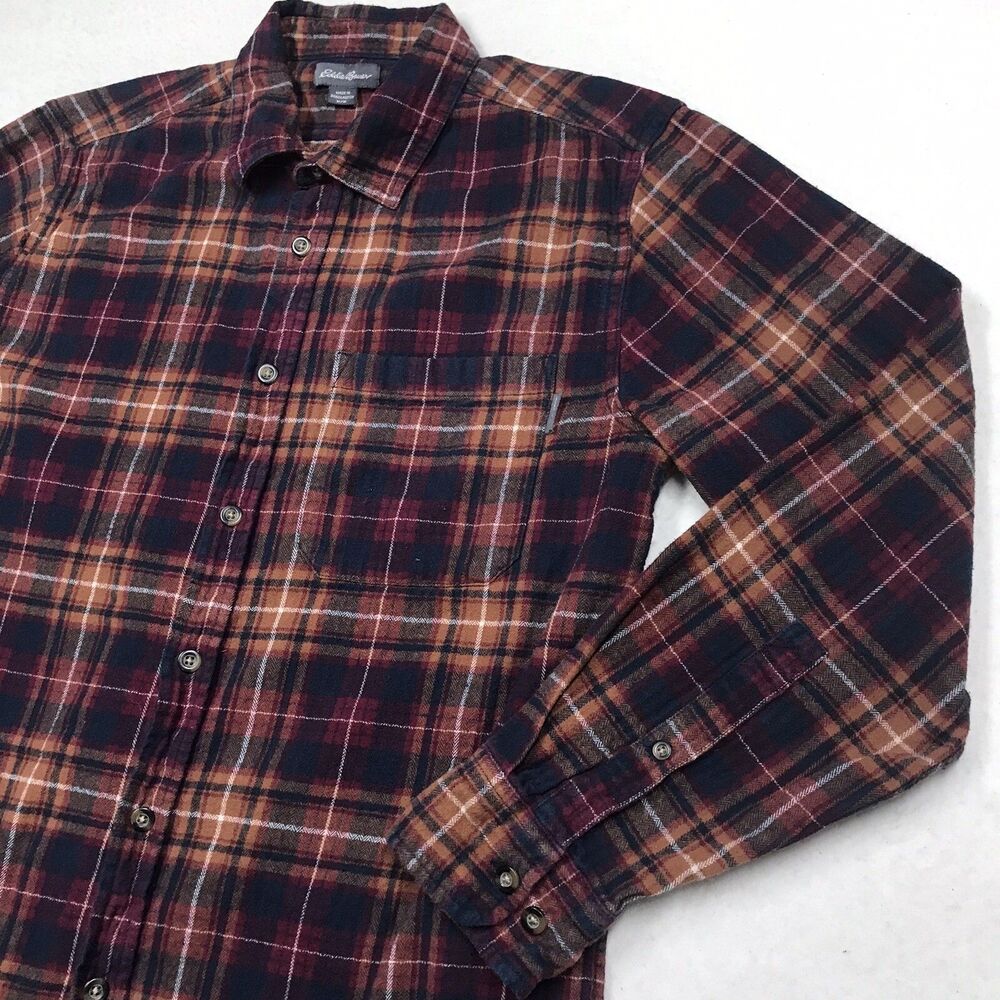 EDDIE BAUER Flannel Shirt Men M Ocher Cranberry Plaid Outdoor Autumn Grunge Gorp - Picture 2 of 16